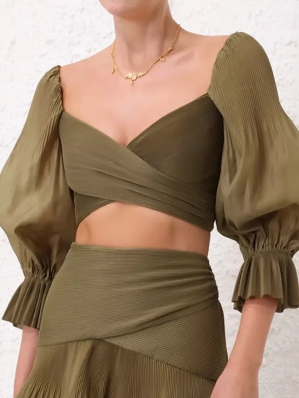 Olive Puff-Sleeve Wrap Crop Top & Skirt Set- Zimmermann